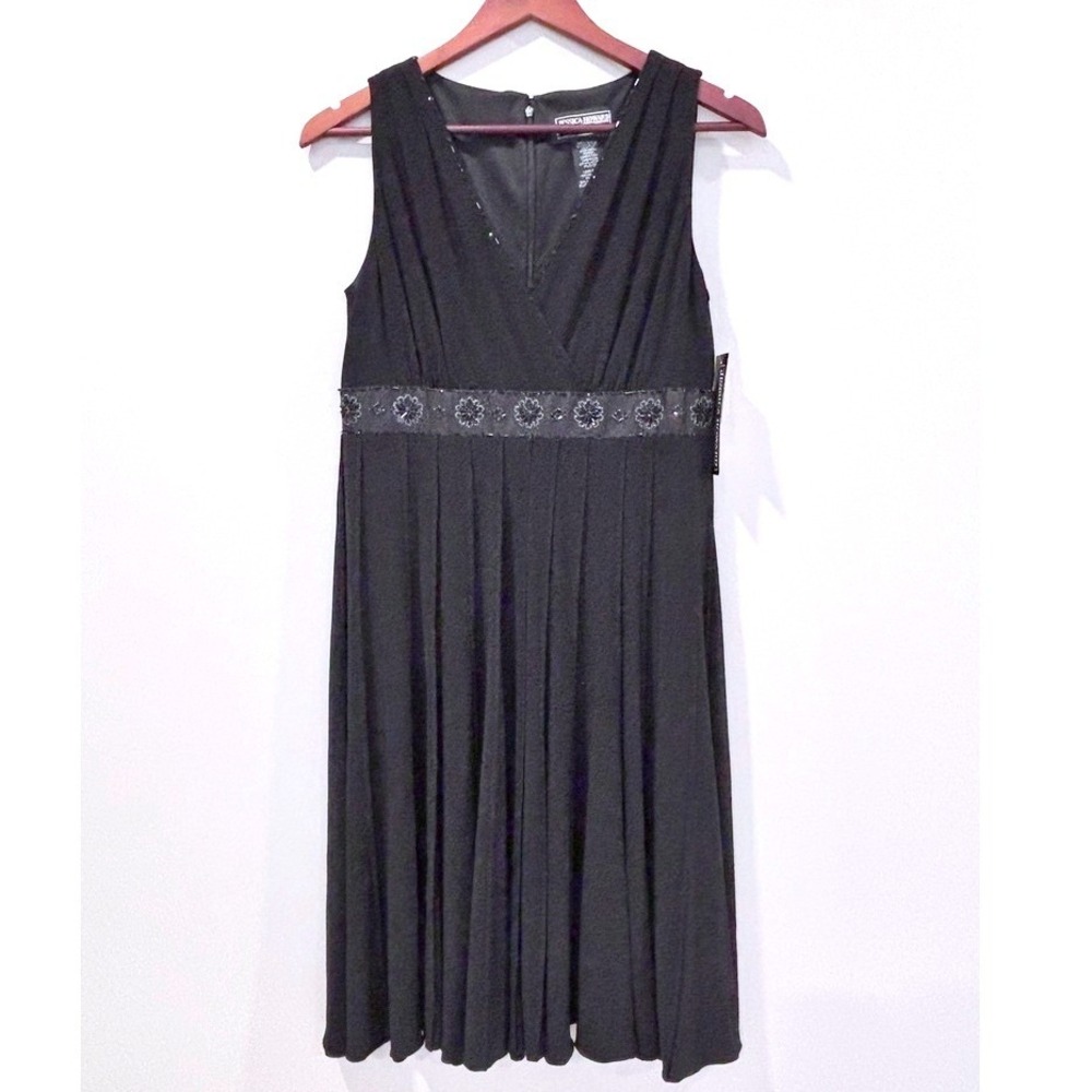 Jessica Howard Black Beaded Empire Waist Midi Dress Sz 14 Elegant Feminine NEW